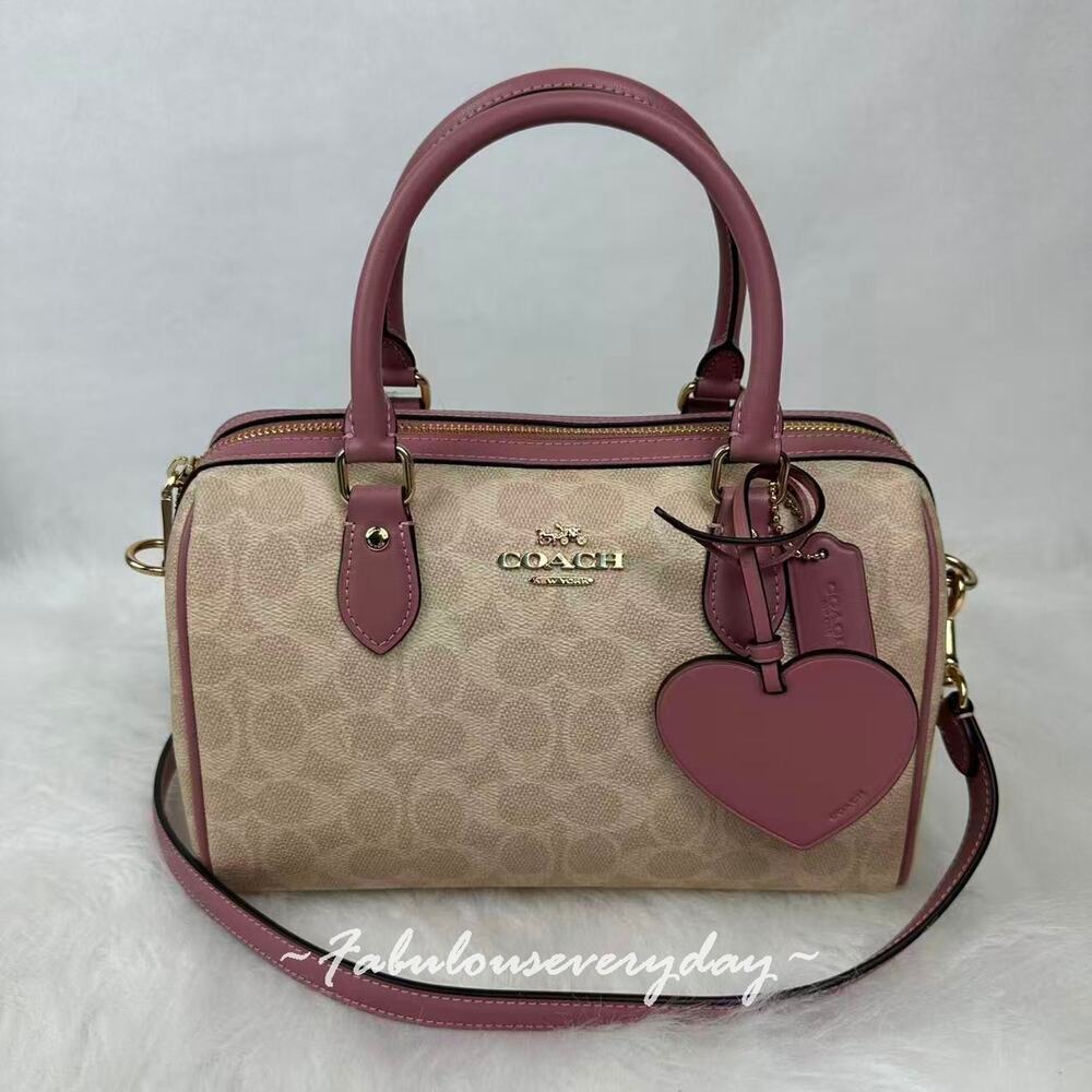 Coach Rowan Satchel Bag Signature Canvas With Heart Charm CDB21 Sand/Peony NWT